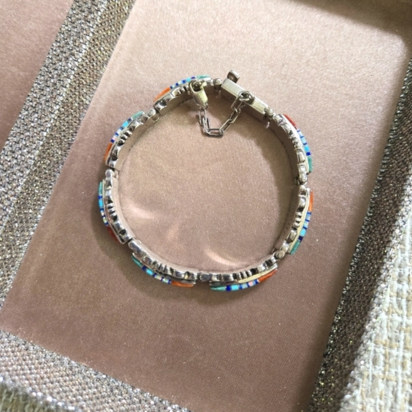 Calvin Begay Sterling Gemstone Inlay Bracelet - Picture 4 of 13